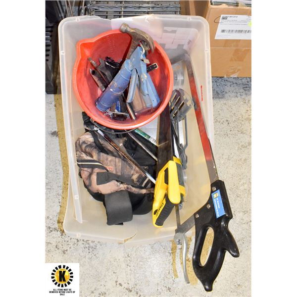 4 SAWS, HAMMER, BUCKET, AND MISC TOOLS