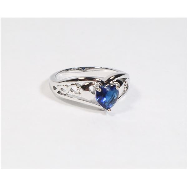 NEW SILVER TONE BLUE HEART GEMSTONE RING