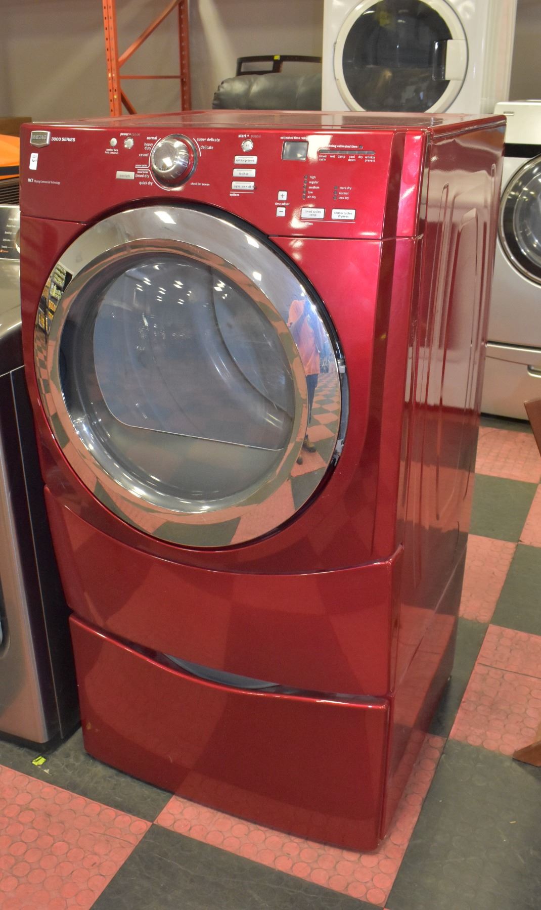 RED MAYTAG 3000 SERIES COMMERCIAL DRYER W/PEDISTAL