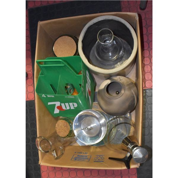 LOT OF COLLECTIBLES, CROCK, 7UP CARRIER