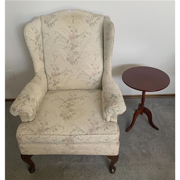 Upholstered Chair w/ Floral Pattern with Round Wooden Side Table