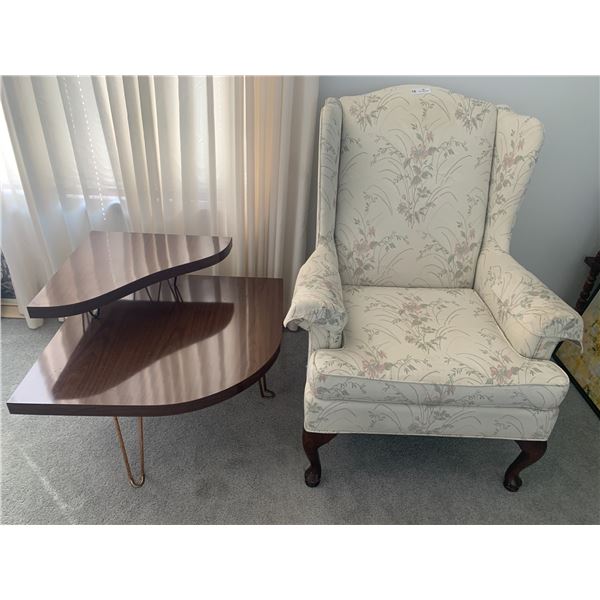 Upholstered Floral Chair with Vintage Telephone Table