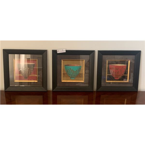 3 x Framed Artworks By Arnie Fisk - "Bamboo Bowl", "Blossom Bowl", and "Dragonfly Bowl"