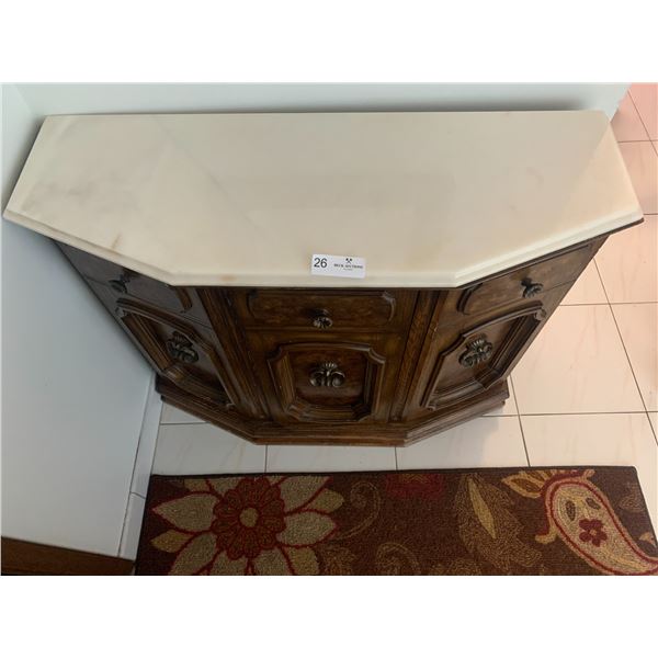 Vintage Buffet Table w/ Marble-Style Top and Floral Rug
