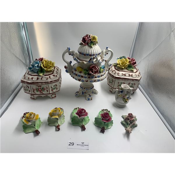 3 x Bassano Floral Ceramic Urns, Small Pitcher Vase (Capodimonte), and 5 x Ceramic Flowers
