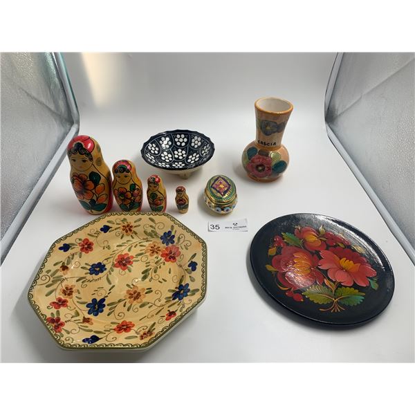 Russian Nesting Dolls, Wooden Floral Design Plate (USSR Made), Ceramic Plate, Vase, Bowl, and More!