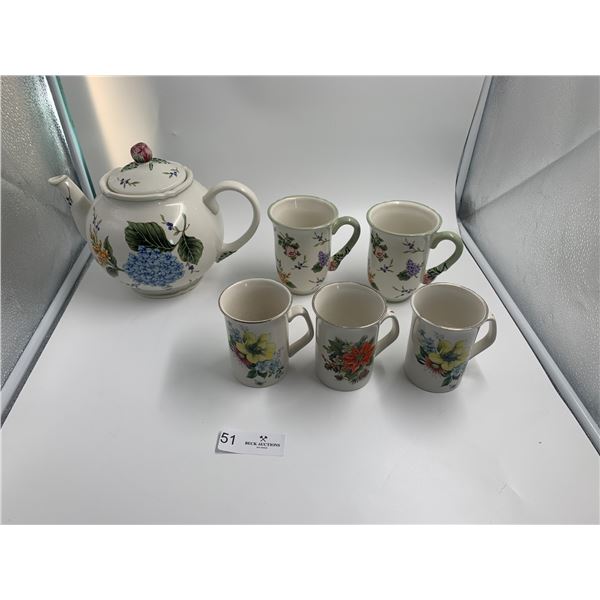 Vintage Garden Floral Porcelain Teapot w/ 2 x Matching Mugs and 3 x Royal Winton Mugs