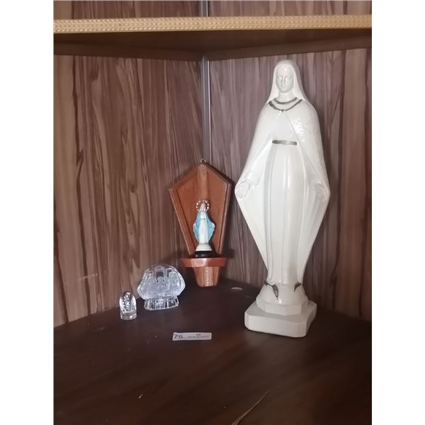 2 x Virgin Mary Statues and 2 x Glass Religious-Scene Figurines