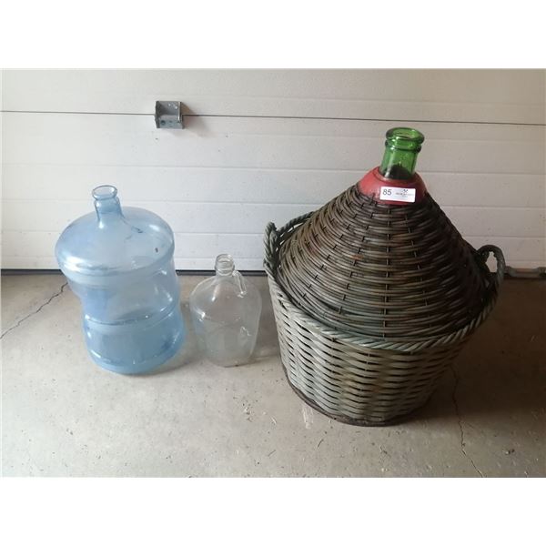 Large Wine Jug in Wicker-Style Basket and Glass Carboy and Glass Water Jug
