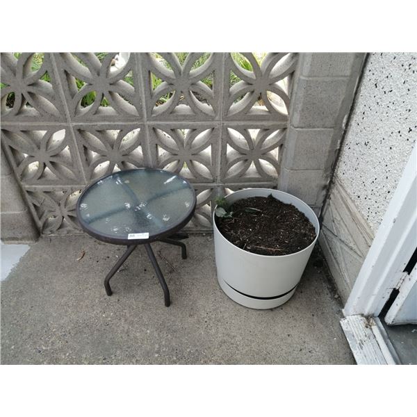 Large Plastic Pot (Contents Included) and Small Glass-Top Side Table