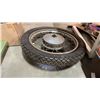 Image 2 : PUMP, HAND SPREADER, 4 WHEEL CART AND MOTORCYCLE TIRE AND FRAME