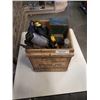 Image 1 : VINTAGE WOOD CRATE OF HAND TOOLS WORKING JIGSAW WITH SWIVEL HEAD AND MORE
