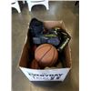 Image 1 : BOX OF SPORTS ITEMS, 3 BASKETBALLS, SNOWBOARD BOOTS, ETC