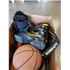 Image 2 : BOX OF SPORTS ITEMS, 3 BASKETBALLS, SNOWBOARD BOOTS, ETC