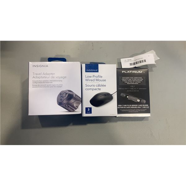 INSIGNIA TRAVEL ADAPTER AND CONVERTER, LOW PROFILE WIRED MOUSE AND USBC/USB TO SD MEMORY CARD READER