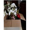 Image 2 : BOX OF ARTIFICIAL FLOWERS, ESTATE GOODS, INSOLES, WOOD CARVINGS, LANTERN