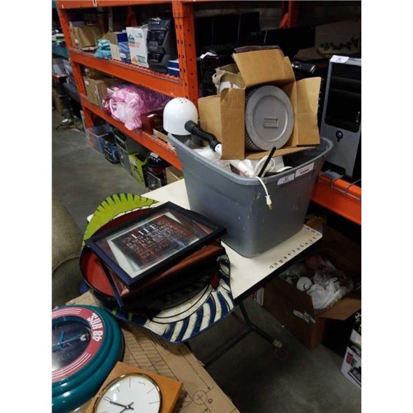 TOTE OF ESTATE GOODS, SPEAKER, TABLE LAMP, GEISHA DISH, AND PRINTS, SKIM BOARD