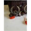 Image 2 : WICKER CASE WITH DECORATIVE METAL SAMAURAI HELMETS AND MORE