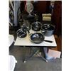 Image 2 : ALPINE CUISINE 5 PIECE POT AND PAN SET WITH LIDS AND TOTE OF PLASTIC CANNISTERS, JUGS, KITCHEN ITEMS