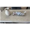 Image 1 : CLEAR GLASS JAR WITH VASE, SMALL HANGERS AND  SMALL COLLECTIBLE BELLS