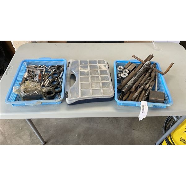 3 TRAYS OF MACHINING PARTS, DRILL BITS, BOLTS, STAINLESS HARDWARE