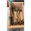 Image 8 : BOX AND BIN OF DENT SLIDE, WIRE WHEELS, HAMMERS AND MORE