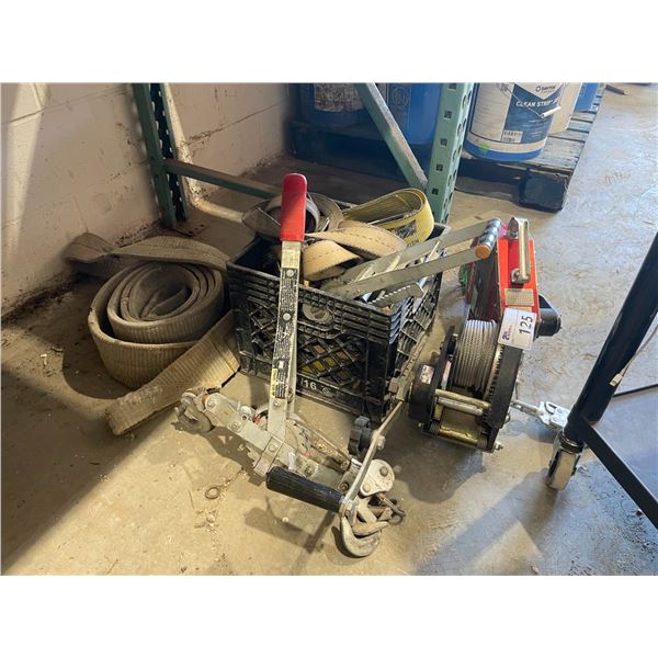 BRAIDED CABLE HOIST, COME A LONG, SELF RETRACTING LIFELINE RIG & BOX OF ...