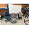 Image 1 : DRAFTING TABLE, 2 DRAWER BLACK METAL FILE CABINET, 3 OFFICE CHAIRS & SPILL KIT