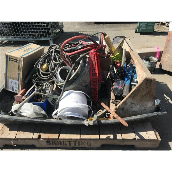 PALLET OF ASSORTED HAND TOOLS, JUMPER CABLES, & EXTENSION CORD