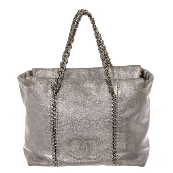 Chanel Metallic Silver CC Chain Tote Bag