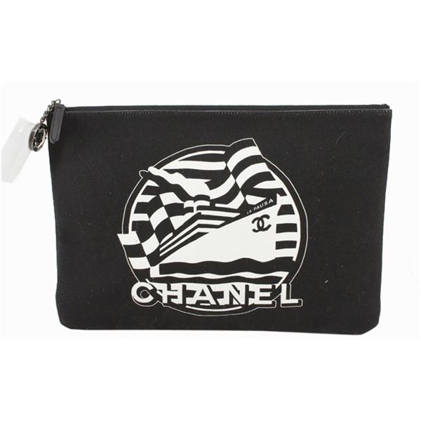 Chanel Black Print Canvas La Pausa Zip Pouch