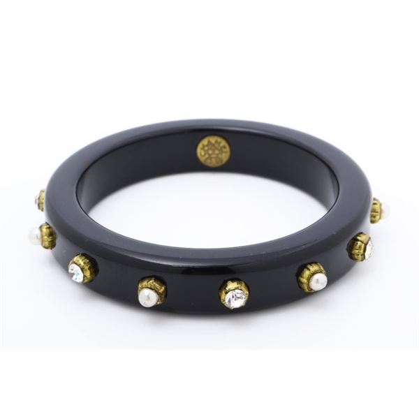 Chanel Black Resin Rhinestone White Faux Pearls Bangle Bracelet