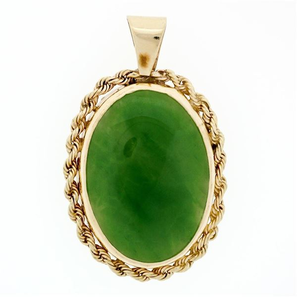 Vintage 14k Yellow Gold Oval Cabochon Cut Jade Twisted Rope Frame Charm Pendant