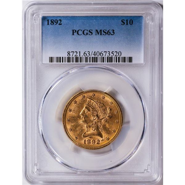1892 $10 Liberty Head Eagle Gold Coin PCGS MS63
