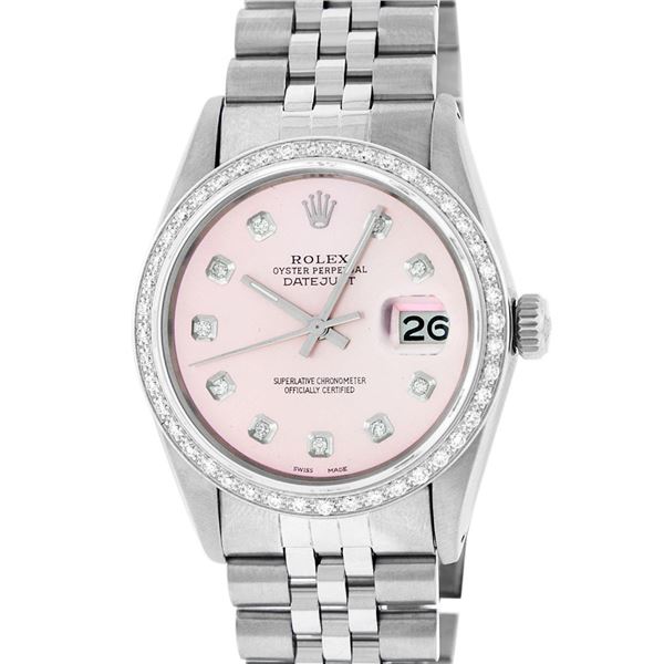 Rolex Mens Stainless Steel Pink Diamond Datejust Wristwatch
