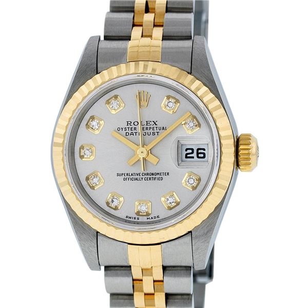 Rolex Ladies 26mm Quickset Sapphire 2 Tone 18K Silver Diamond Datejust Wristwatc