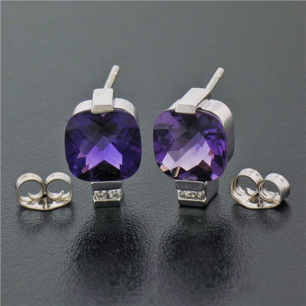 14K White Gold 2.52 ctw Cushion Checkerboard Amethyst Diamond Petite Stud Earrin