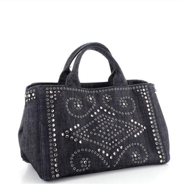 Prada Canapa Convertible Tote Rhinestone Embellished Denim Large