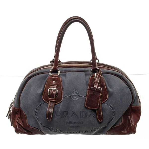 Prada Blue Denim Leather Bowler Shoulder Bag