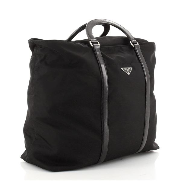 Prada Black Tessuto Nylon with Leather Convertible Zip Large Tote Bag