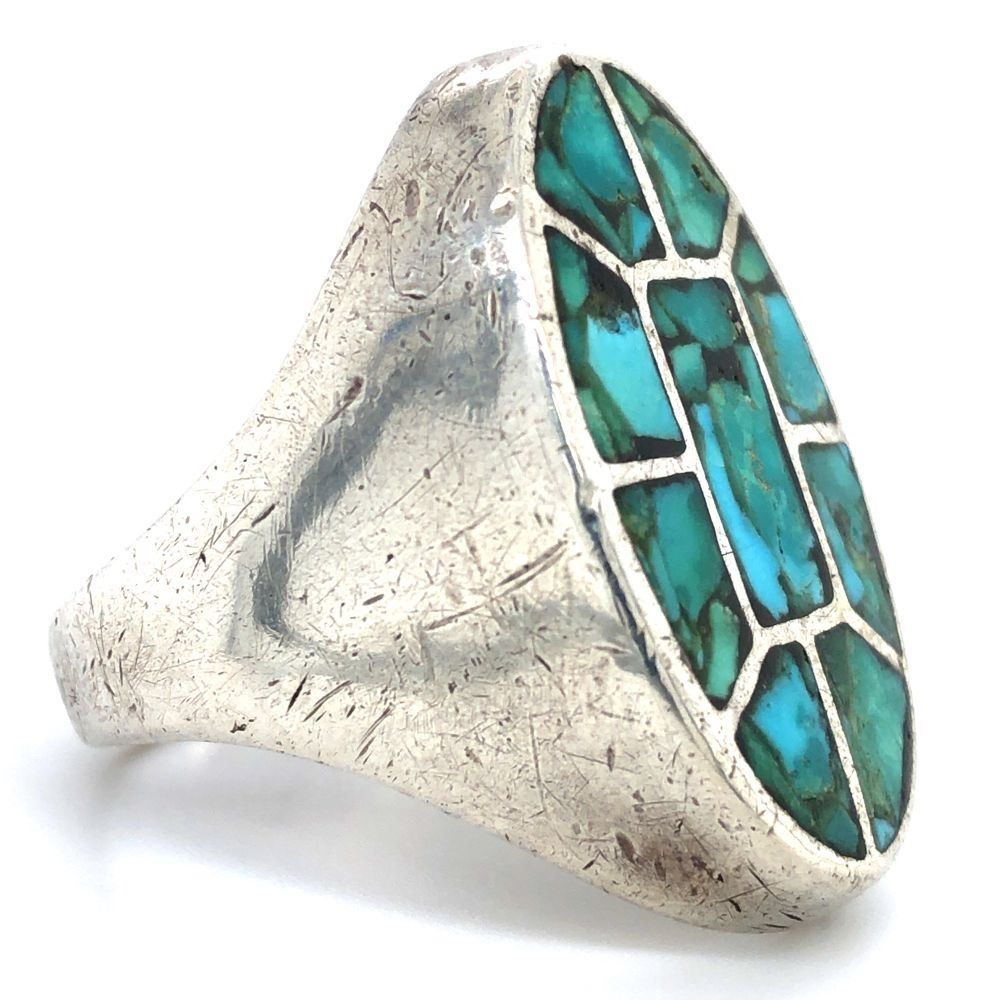 Vintage Navajo Sand Cast Turquoise Inlay Ring