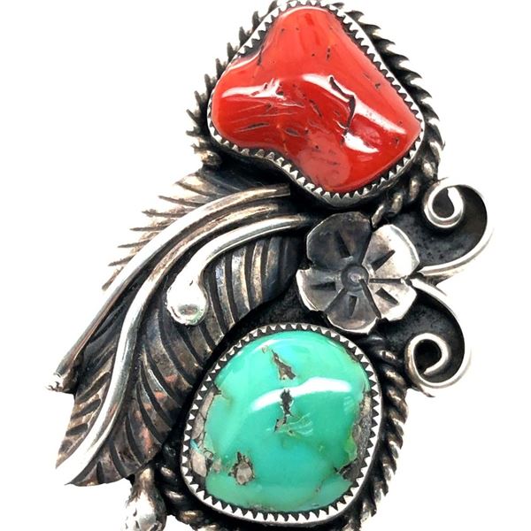 Navajo Red Coral & Turquoise Vintage Ring