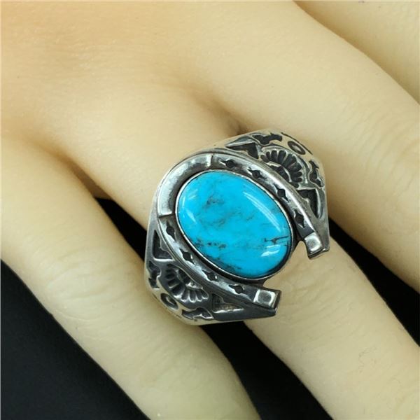 Navajo Unique Horseshoe AAA Spider Turquoise Ring
