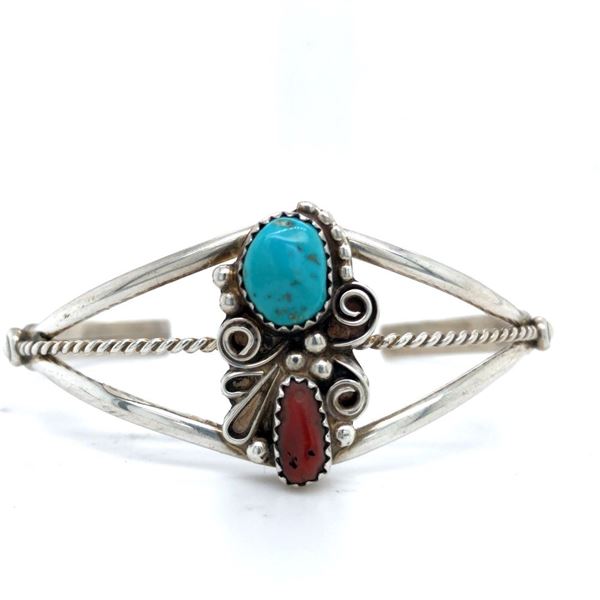 Navajo Mediterranean Coral & Turquoise Bracelet