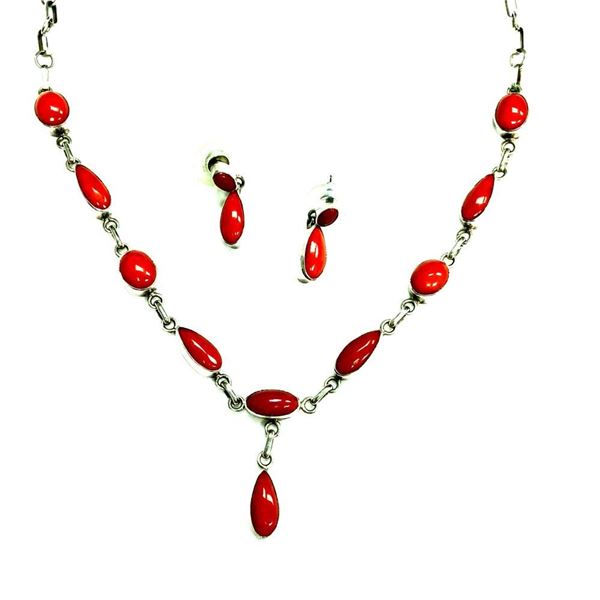 Navajo Signed Natural Coral Necklace & Earrings