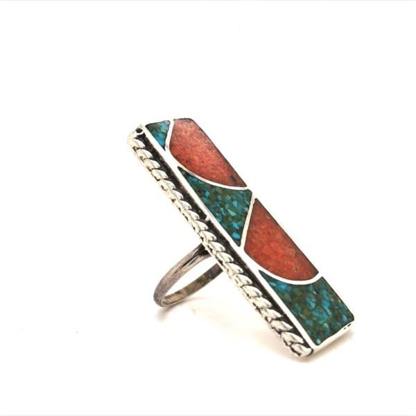Vintage Zuni Coral & Turquoise Inlay Ring