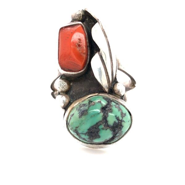 Navajo Handmade Kingman Turquoise & Coral Ring