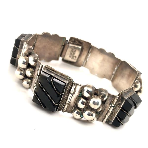 Vintage Black Onyx 925 Panel Bracelet