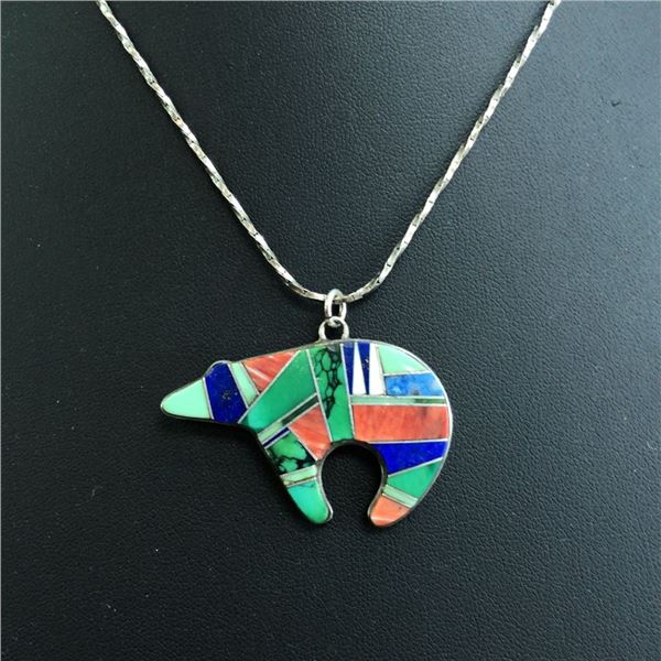 Vintage Zuni Inlay Bear Fetish Reversible Pendant