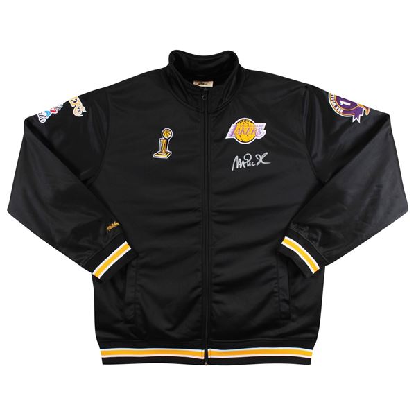 MAGIC JOHNSON SIGNED LA LAKERS BLACK M& N HWC BOMBER JACKET W/PATCHES (BAS WITNESSED)